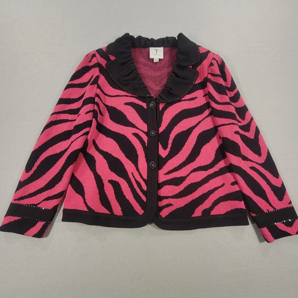 Toula Zebra Print Knit Blazer Jacket Ruffle Collar Embellished Buttons Womens 10